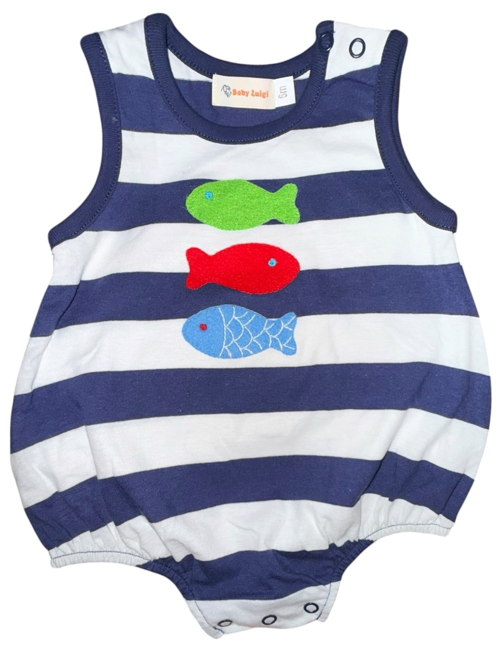 Baby Luigi Fish Bubble Romper 6M Navy White Striped Cotton Sleeveless